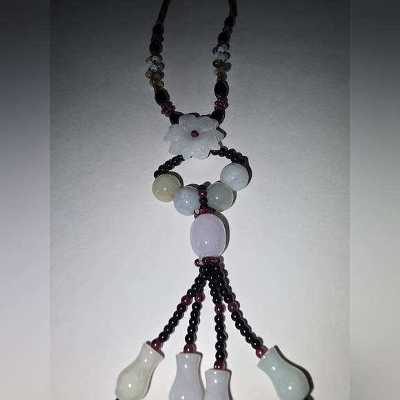 Carved Jadeite Jade  Flower Necklace Silk Rope Lots of Other Details Jade - Picture 4 of 16